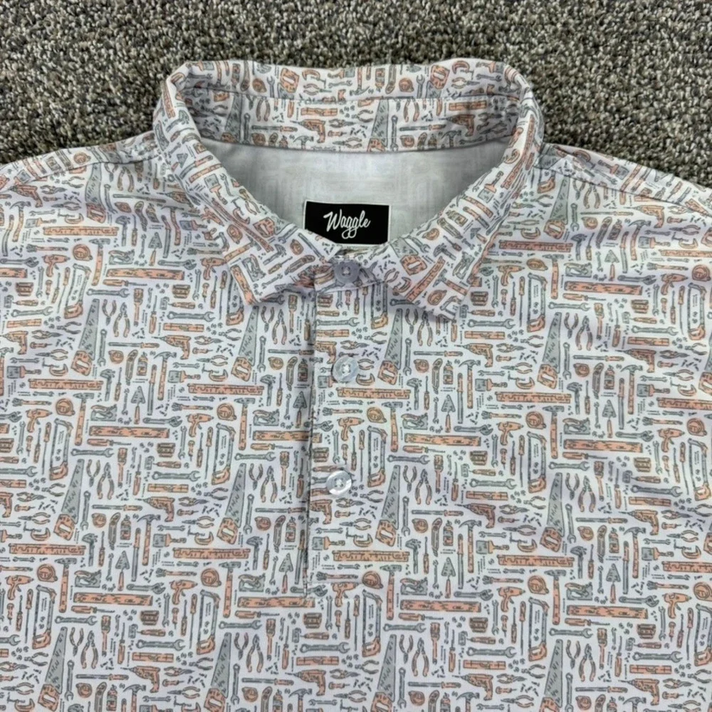 Waggle Golf Men 2XL Polo Shirt White Tool Print Short Sleeve Performance Stretch - Picture 4 of 10